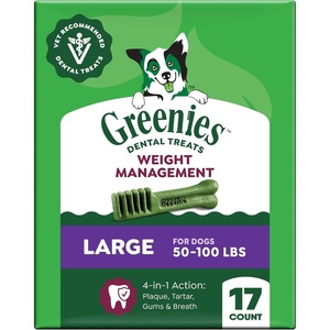 Greenies Weight Management Regular Size Natural Dental Dog Treats, 27 Count | Veterinarian-recommended, clinically-proven, 47% less tartar & 40% less plaque in 28 days, low fat, for dogs 25-50 lbs(Weight Management)